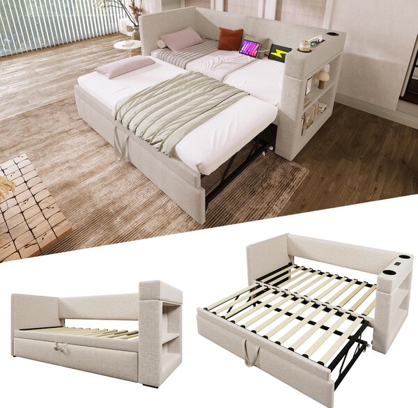 3ft Upholstered Daybed With Cup Holders, 3 USB and Type‑C Charging Ports, Single Sofa Bed for Compact Room, 207L x 98W x 74H cm, Beige Aosom UK