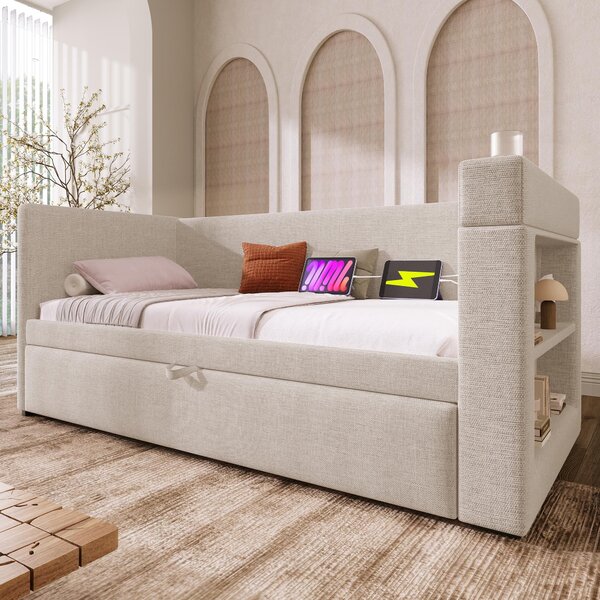 3ft Upholstered Daybed With Cup Holders, 3 USB and Type‑C Charging Ports, Single Sofa Bed for Compact Room, 207L x 98W x 74H cm, Beige Aosom UK