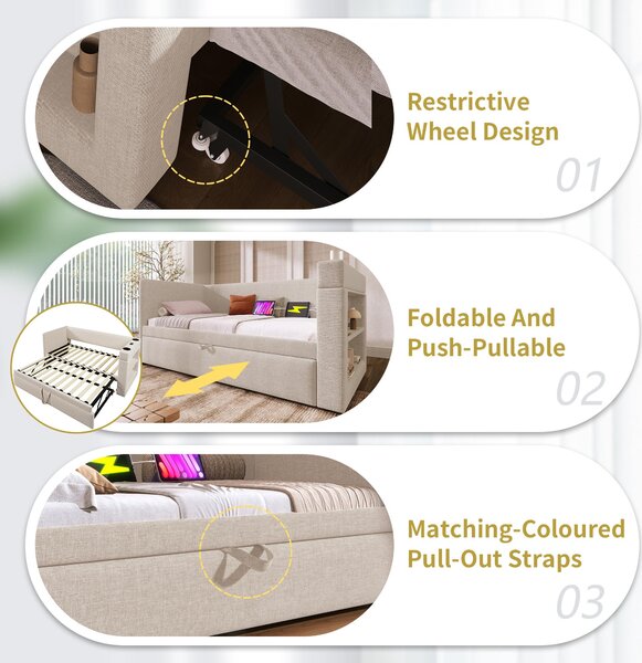 3ft Upholstered Daybed With Cup Holders, 3 USB and Type‑C Charging Ports, Single Sofa Bed for Compact Room, 207L x 98W x 74H cm, Beige Aosom UK