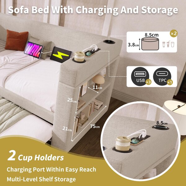 3ft Upholstered Daybed With Cup Holders, 3 USB and Type‑C Charging Ports, Single Sofa Bed for Compact Room, 207L x 98W x 74H cm, Beige Aosom UK