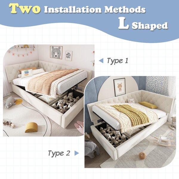 Daybed Upholstered Single Sofa Bed with Hydraulic Ottoman Storage, Bed Frame with Reversible Headboard, 196L x 100W x 77H cm, Beige Aosom UK