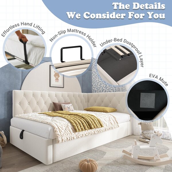 Daybed Upholstered Single Sofa Bed with Hydraulic Ottoman Storage, Bed Frame with Reversible Headboard, 196L x 100W x 77H cm, Beige Aosom UK