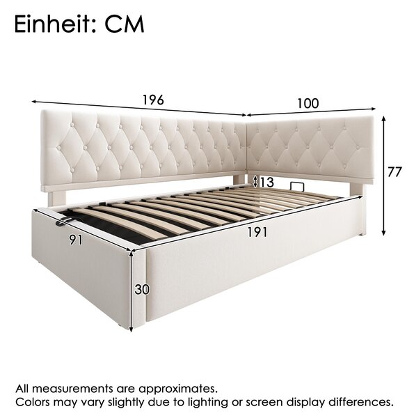 Daybed Upholstered Single Sofa Bed with Hydraulic Ottoman Storage, Bed Frame with Reversible Headboard, 196L x 100W x 77H cm, Beige Aosom UK