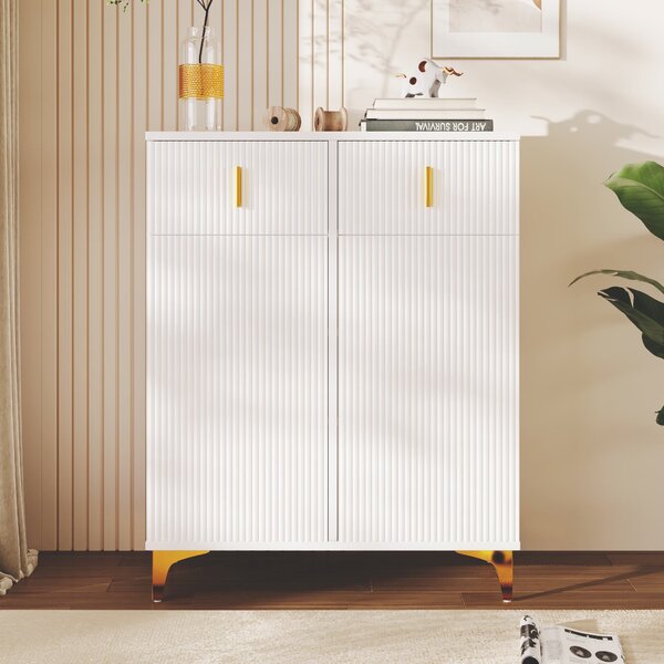 Elegant Sideboard with Adjustable Shelves and Gold-Plated Accents, Cabinet Ideal for Space-Saving Room, 83L x 35W x 101H cm, White+Gold Aosom UK