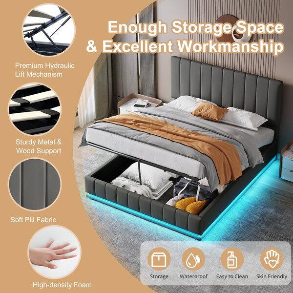 Double Bed with Hydraulic Storage, LED Lighting, PU Leather, Ottoman Bed Base with Adjustable Headboard, 193L x 142W x 101-111H cm, Grey Aosom.UK