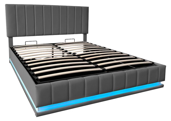 Double Bed with Hydraulic Storage, LED Lighting, PU Leather, Ottoman Bed Base with Adjustable Headboard, 193L x 142W x 101-111H cm, Grey Aosom.UK