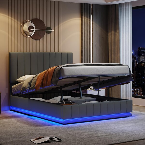 Double Bed with Hydraulic Storage, LED Lighting, PU Leather, Ottoman Bed Base with Adjustable Headboard, 193L x 142W x 101-111H cm, Grey Aosom.UK