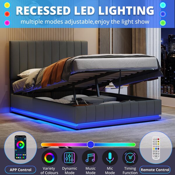 Double Bed with Hydraulic Storage, LED Lighting, PU Leather, Ottoman Bed Base with Adjustable Headboard, 193L x 142W x 101-111H cm, Grey Aosom.UK
