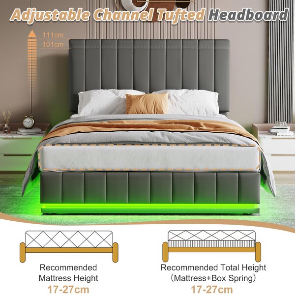 Double Bed with Hydraulic Storage, LED Lighting, PU Leather, Ottoman Bed Base with Adjustable Headboard, 193L x 142W x 101-111H cm, Grey Aosom.UK
