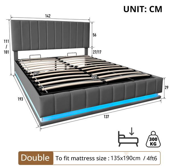 Double Bed with Hydraulic Storage, LED Lighting, PU Leather, Ottoman Bed Base with Adjustable Headboard, 193L x 142W x 101-111H cm, Grey Aosom.UK