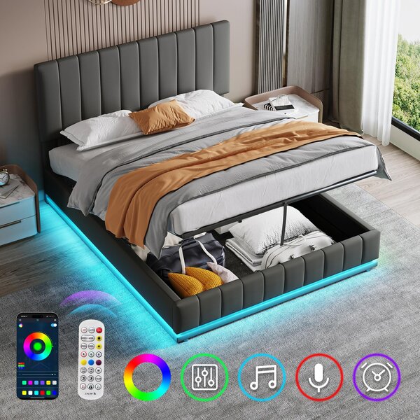 Double Bed with Hydraulic Storage, LED Lighting, PU Leather, Ottoman Bed Base with Adjustable Headboard, 193L x 142W x 101-111H cm, Grey Aosom.UK