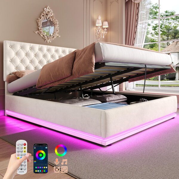 Ottoman Double Bed with Adjustable Headboard, LED Lighting, Upholstered Bed Frame with Hydraulic Storage, 195L x 142W x 102-112H cm, Beige Aosom.UK