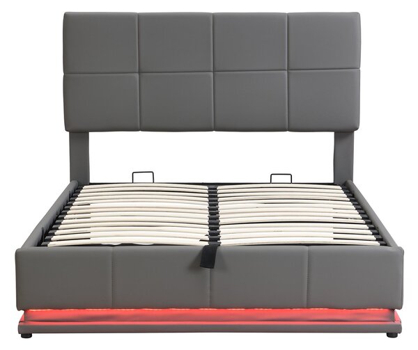 Ottoman Double Bed with PU Leather Finish, Adjustable Headboard, Hydraulic Storage Bed with LED Lighting, 193L x 142W x 111H cm, Grey Aosom UK