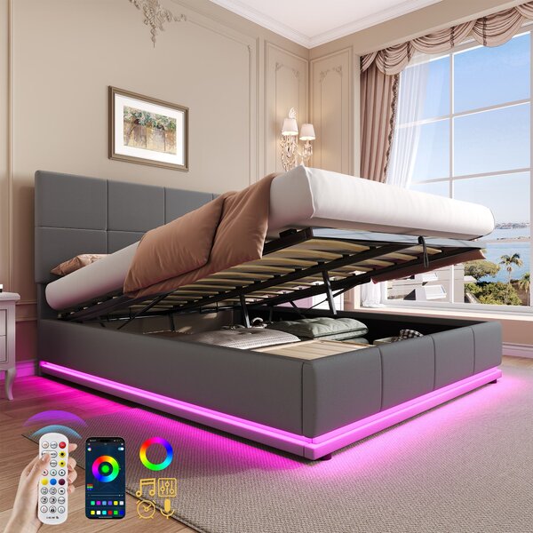 Ottoman Double Bed with PU Leather Finish, Adjustable Headboard, Hydraulic Storage Bed with LED Lighting, 193L x 142W x 111H cm, Grey Aosom UK