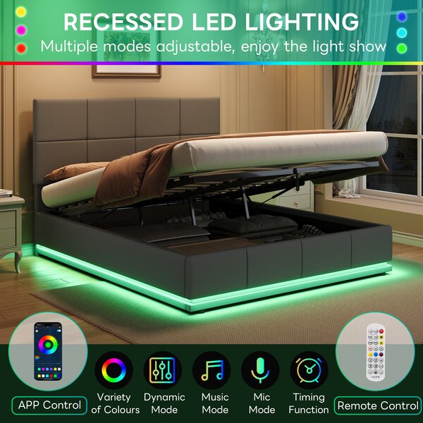 Ottoman Double Bed with PU Leather Finish, Adjustable Headboard, Hydraulic Storage Bed with LED Lighting, 193L x 142W x 111H cm, Grey Aosom UK