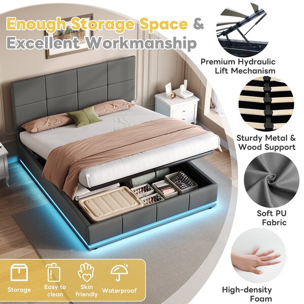 Ottoman Double Bed with PU Leather Finish, Adjustable Headboard, Hydraulic Storage Bed with LED Lighting, 193L x 142W x 111H cm, Grey Aosom UK
