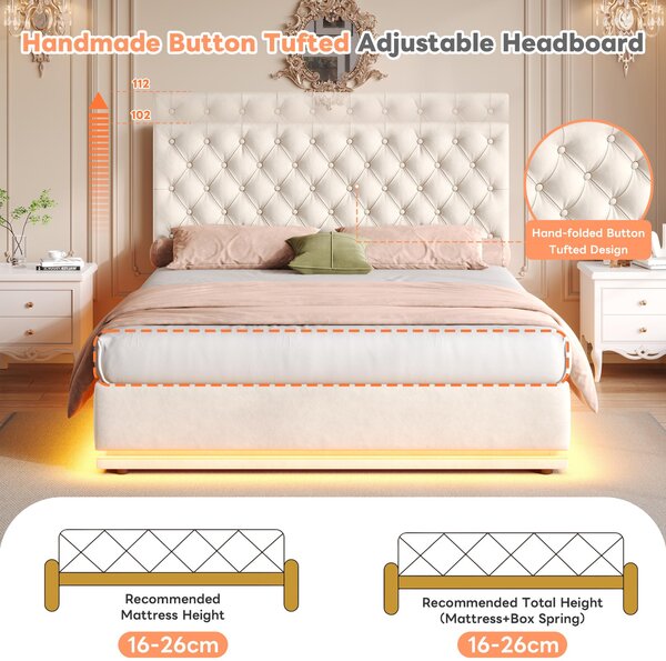 Ottoman Double Bed with Adjustable Headboard, LED Lighting, Upholstered Bed Frame with Hydraulic Storage, 195L x 142W x 102-112H cm, Beige Aosom.UK