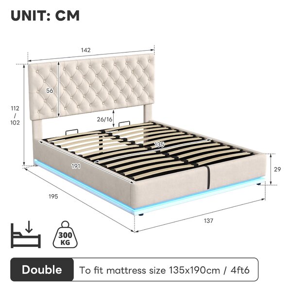Ottoman Double Bed with Adjustable Headboard, LED Lighting, Upholstered Bed Frame with Hydraulic Storage, 195L x 142W x 102-112H cm, Beige Aosom.UK