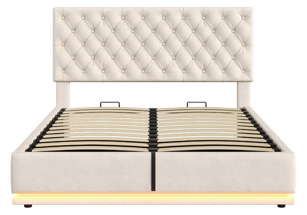 Ottoman Double Bed with Adjustable Headboard, LED Lighting, Upholstered Bed Frame with Hydraulic Storage, 195L x 142W x 102-112H cm, Beige Aosom.UK
