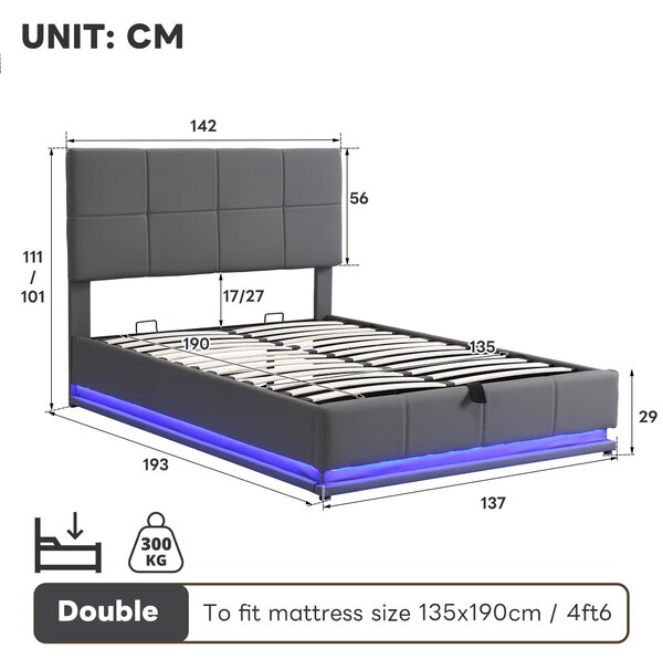 Ottoman Double Bed with PU Leather Finish, Adjustable Headboard, Hydraulic Storage Bed with LED Lighting, 193L x 142W x 111H cm, Grey Aosom UK