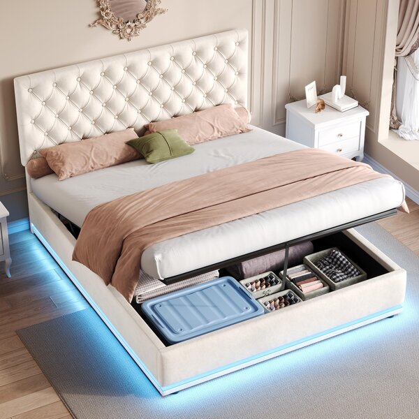 Ottoman Double Bed with Adjustable Headboard, LED Lighting, Upholstered Bed Frame with Hydraulic Storage, 195L x 142W x 102-112H cm, Beige Aosom.UK
