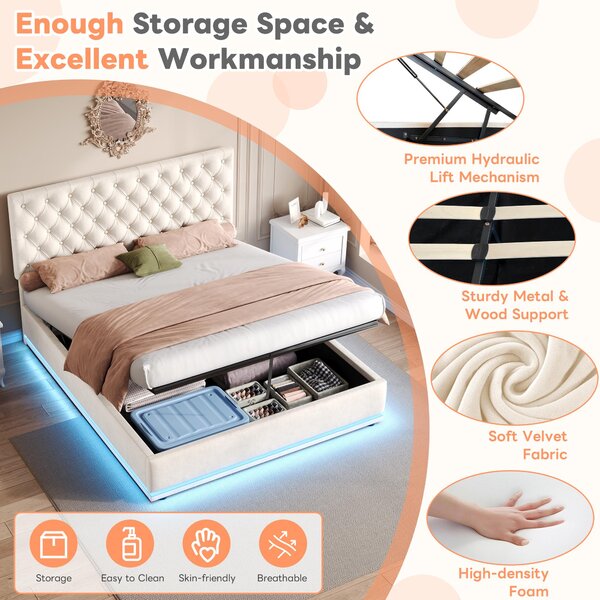 Ottoman Double Bed with Adjustable Headboard, LED Lighting, Upholstered Bed Frame with Hydraulic Storage, 195L x 142W x 102-112H cm, Beige Aosom.UK