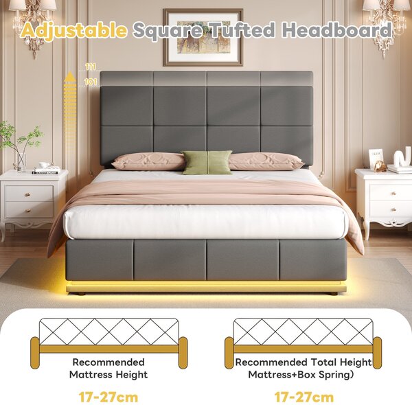 Ottoman Double Bed with PU Leather Finish, Adjustable Headboard, Hydraulic Storage Bed with LED Lighting, 193L x 142W x 111H cm, Grey Aosom UK
