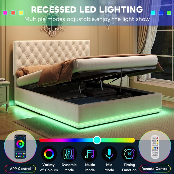 Ottoman Double Bed with Adjustable Headboard, LED Lighting, Upholstered Bed Frame with Hydraulic Storage, 195L x 142W x 102-112H cm, Beige Aosom.UK