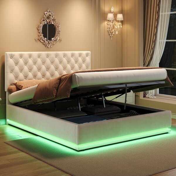 Ottoman Double Bed with Adjustable Headboard, LED Lighting, Upholstered Bed Frame with Hydraulic Storage, 195L x 142W x 102-112H cm, Beige Aosom.UK