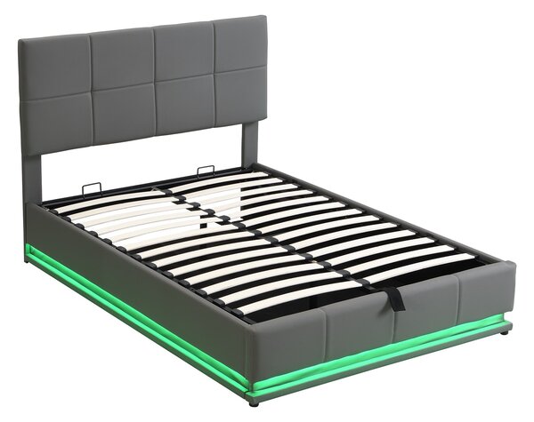 Ottoman Double Bed with PU Leather Finish, Adjustable Headboard, Hydraulic Storage Bed with LED Lighting, 193L x 142W x 111H cm, Grey Aosom UK
