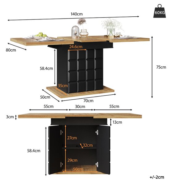 Telescopic Extendable Dining Table with Checked Pattern, Foldable Kitchen Table for 4-6 People, 110-140L x 80W x 75H cm, Black+Natural Aosom UK