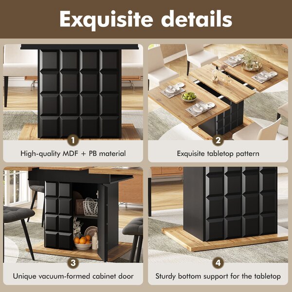 Telescopic Extendable Dining Table with Checked Pattern, Foldable Kitchen Table for 4-6 People, 110-140L x 80W x 75H cm, Black+Natural Aosom UK