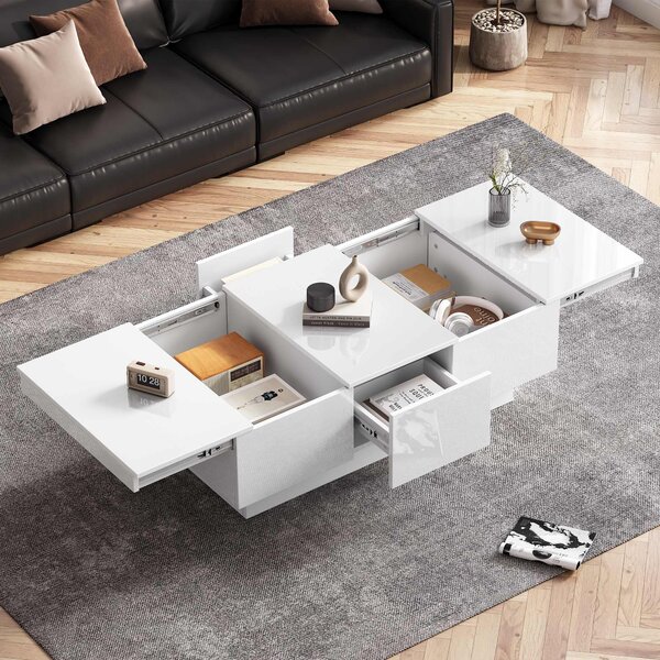 Contemporary Coffee Table with 2 Drawers and Large Storage Space, High Gloss Finish, Modern Living Room Centerpiece, 100x55x35 cm, White Aosom.UK