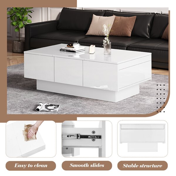 Contemporary Coffee Table with 2 Drawers and Large Storage Space, High Gloss Finish, Modern Living Room Centerpiece, 100x55x35 cm, White Aosom.UK