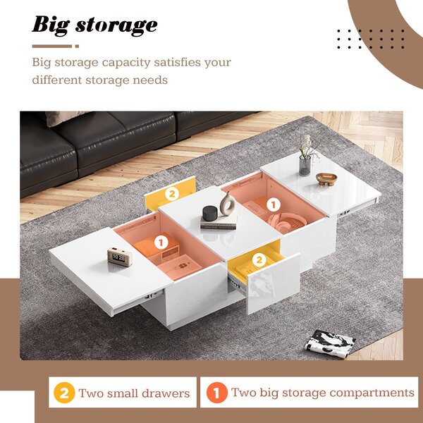 Contemporary Coffee Table with 2 Drawers and Large Storage Space, High Gloss Finish, Modern Living Room Centerpiece, 100x55x35 cm, White Aosom.UK