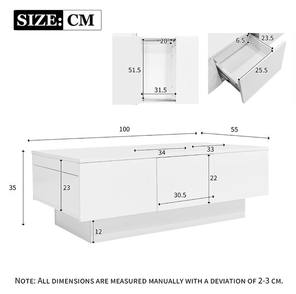 Contemporary Coffee Table with 2 Drawers and Large Storage Space, High Gloss Finish, Modern Living Room Centerpiece, 100x55x35 cm, White Aosom.UK