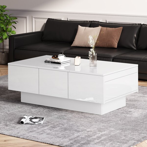 Contemporary Coffee Table with 2 Drawers and Large Storage Space, High Gloss Finish, Modern Living Room Centerpiece, 100x55x35 cm, White Aosom.UK