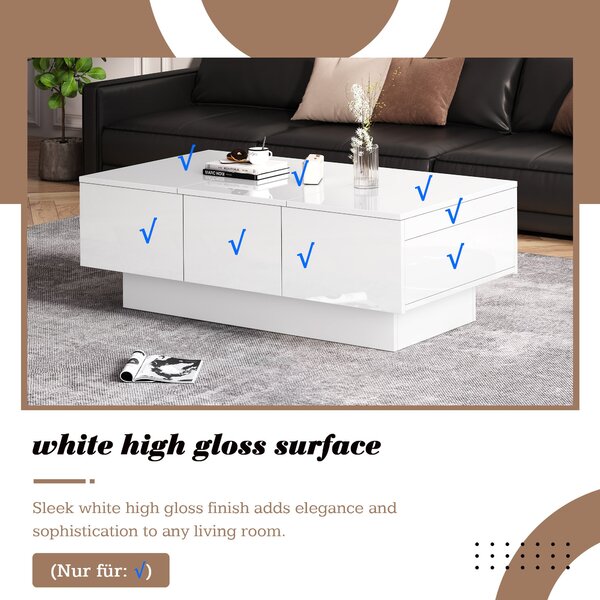 Contemporary Coffee Table with 2 Drawers and Large Storage Space, High Gloss Finish, Modern Living Room Centerpiece, 100x55x35 cm, White Aosom.UK