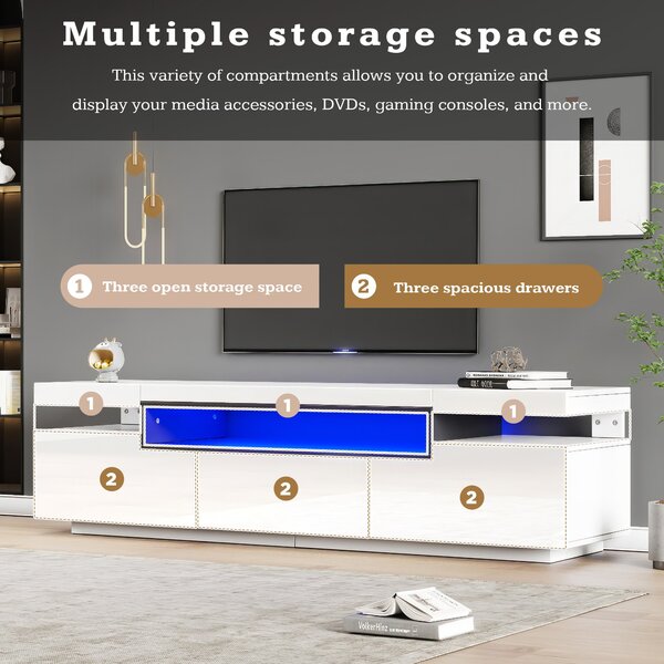 Modern TV Stand Unit with LED Lights and High Gloss Front, 3 Drawers and Open Storage, TV Stand Cabinet, Fit 70-inch TV, 160x39x42cm, White Aosom.UK