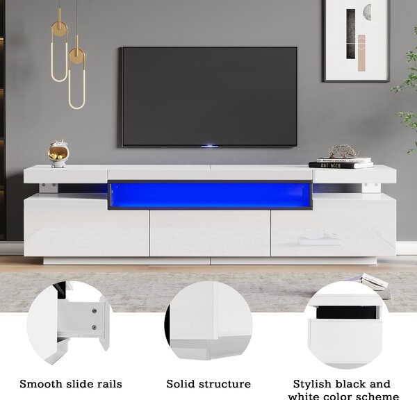 Modern TV Stand Unit with LED Lights and High Gloss Front, 3 Drawers and Open Storage, TV Stand Cabinet, Fit 70-inch TV, 160x39x42cm, White Aosom.UK