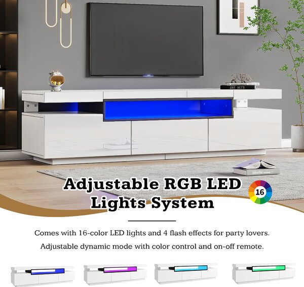 Modern TV Stand Unit with LED Lights and High Gloss Front, 3 Drawers and Open Storage, TV Stand Cabinet, Fit 70-inch TV, 160x39x42cm, White Aosom.UK