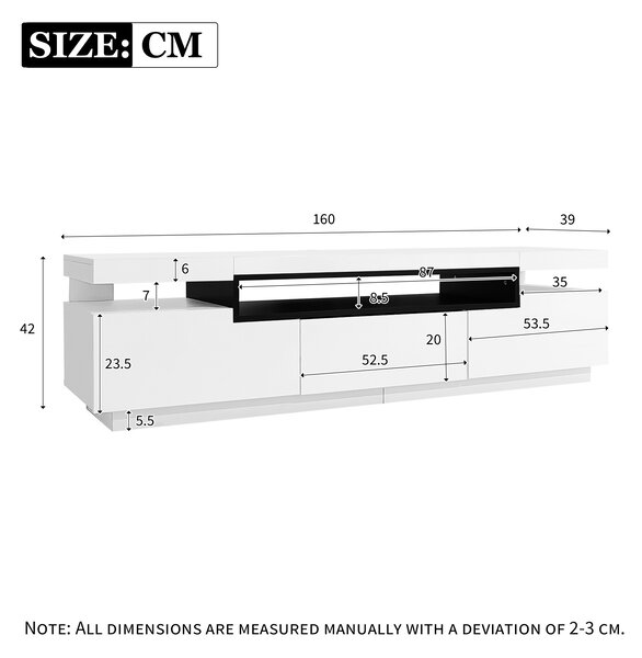 Modern TV Stand Unit with LED Lights and High Gloss Front, 3 Drawers and Open Storage, TV Stand Cabinet, Fit 70-inch TV, 160x39x42cm, White Aosom.UK