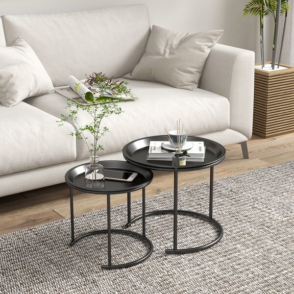 HOMCOM Nesting Tables Set of 2, Side End Table with Removable Tabletop Tray and Steel Frame for Living Room, Bedroom, White