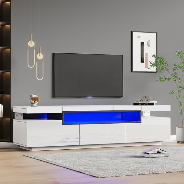 Modern TV Stand Unit with LED Lights and High Gloss Front, 3 Drawers and Open Storage, TV Stand Cabinet, Fit 70-inch TV, 160x39x42cm, White Aosom.UK