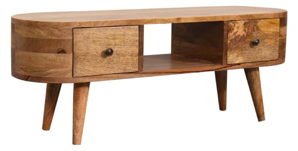 Solid Wood Mini Rounded Entertainment Unit with 2 Smooth‑Gliding Drawers, Handcrafted Table with Open Slot, 30L x 100W x 37H cm, Brown Aosom UK