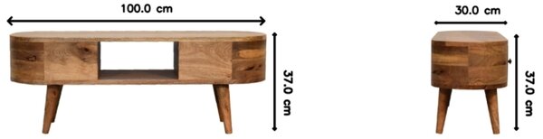 Solid Wood Mini Rounded Entertainment Unit with 2 Smooth‑Gliding Drawers, Handcrafted Table with Open Slot, 30L x 100W x 37H cm, Brown Aosom UK