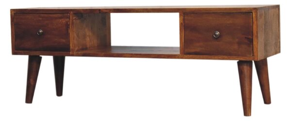 Solid Mango Wood Coffee Table with Deep Stain Finish, 2 Drawers, Open Shelf, Handcrafted Desk for Living Room, 30L x 100W x 38H cm, Brown Aosom UK