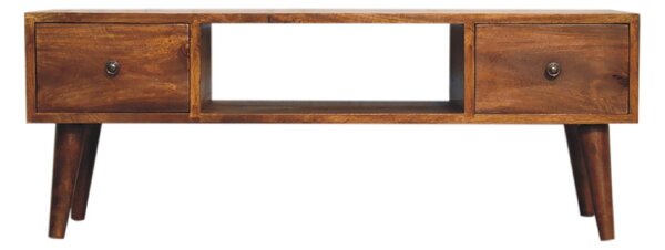 Solid Mango Wood Coffee Table with Deep Stain Finish, 2 Drawers, Open Shelf, Handcrafted Desk for Living Room, 30L x 100W x 38H cm, Brown Aosom UK