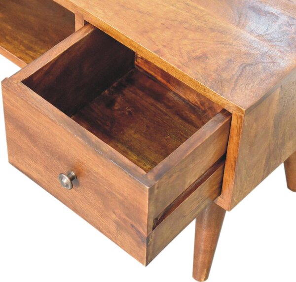 Solid Mango Wood Coffee Table with Deep Stain Finish, 2 Drawers, Open Shelf, Handcrafted Desk for Living Room, 30L x 100W x 38H cm, Brown Aosom UK