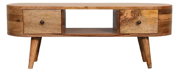 Solid Wood Mini Rounded Entertainment Unit with 2 Smooth‑Gliding Drawers, Handcrafted Table with Open Slot, 30L x 100W x 37H cm, Brown Aosom UK